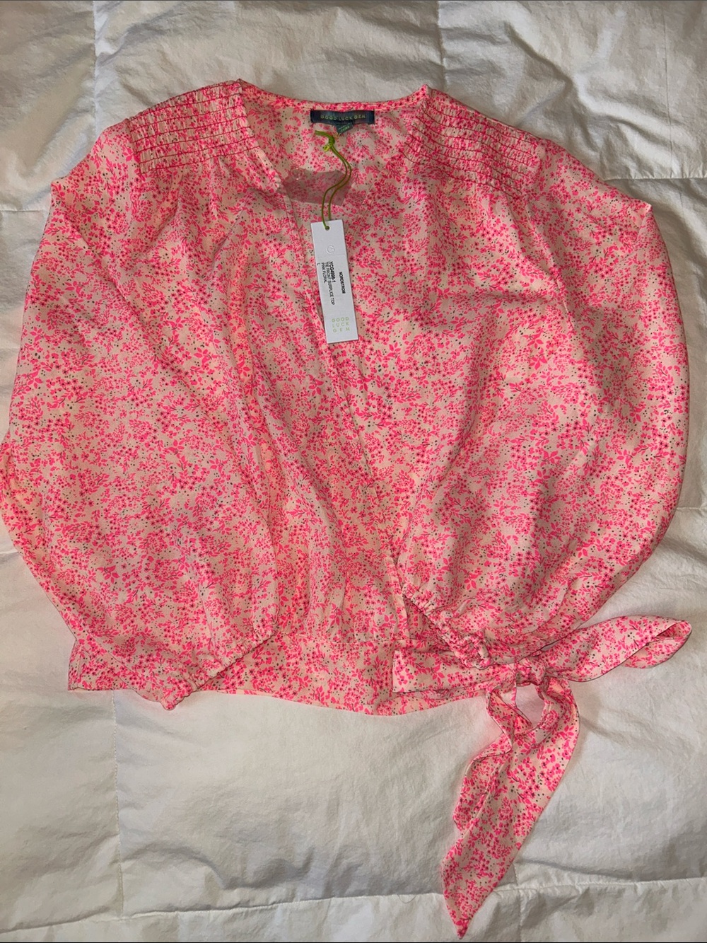 Good Luck Gem Neon Pink Floral Tie-Side Wrap Blouse